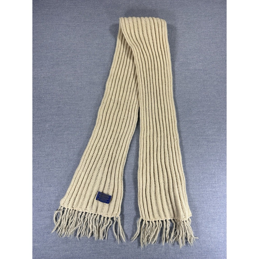 Vintage Pendleton Scarf 100% Virgin Wool Rib Knit Cream Fringe Made USA